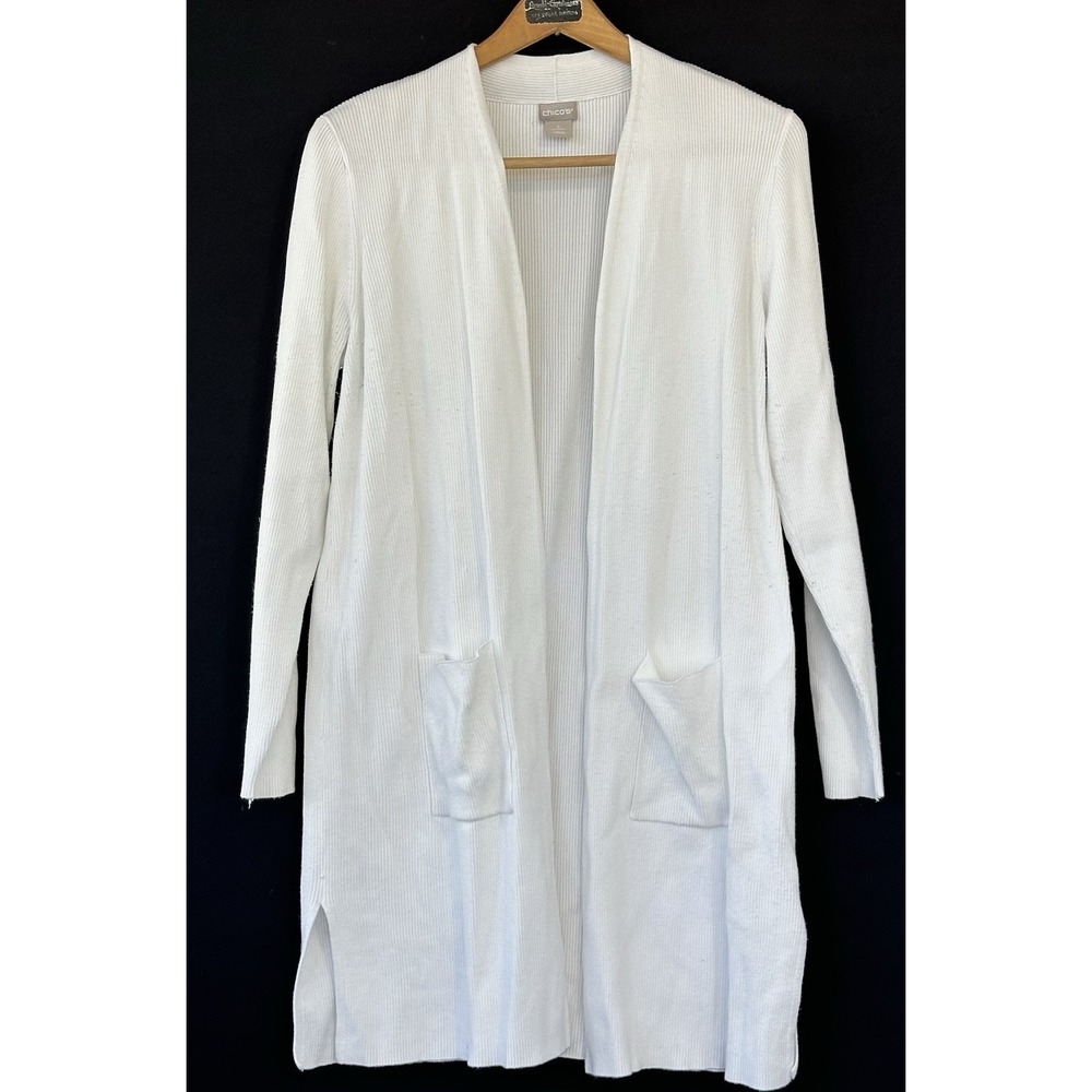 Chico's Long White Soft Cardigan Comfort Leisure Women's L Ribbed Knit
